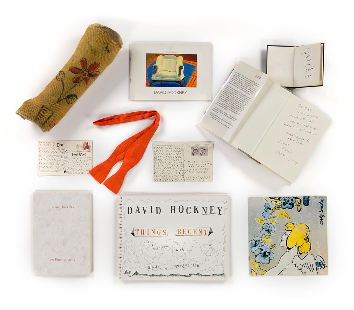 DAVID HOCKNEY (1937 - ) Collection of Ephemera Including 2 Postcards and an Illustrated Arm Cast